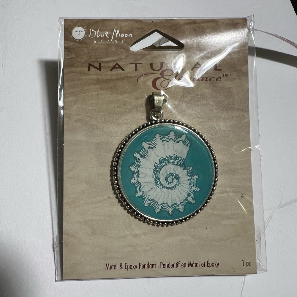 Blue Moon Bead Natural Elegance Shell Pendant Round Teal Silver Tone Metal Epoxy